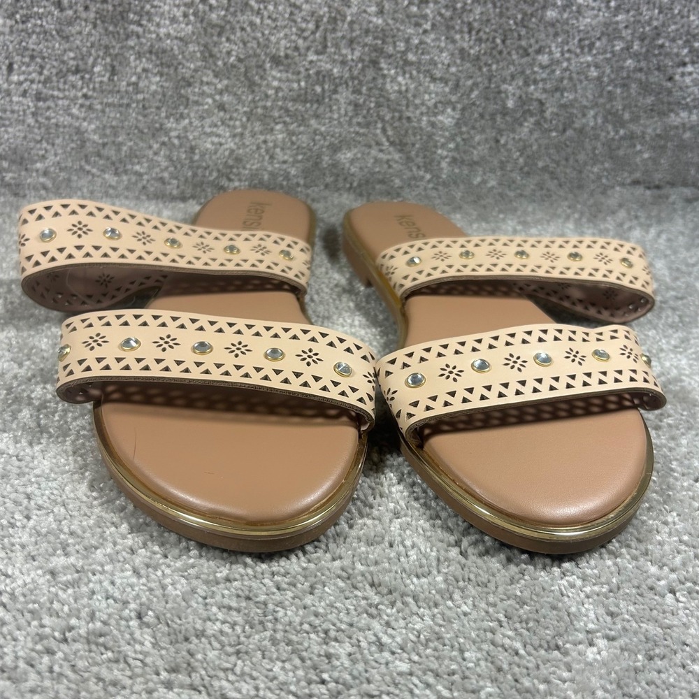 Kensie Medina Slide Sandals Tan Laser‎ Cut Crystal Studded Womens 9.5M